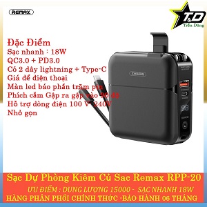 Remax RPP-20 Sạc dự phòng remax RPP-20 dung lượng 15.000mAh - Cốc sạc kiêm pin dự phòng hỗ trợ sạc nhanh 18w cắm điện